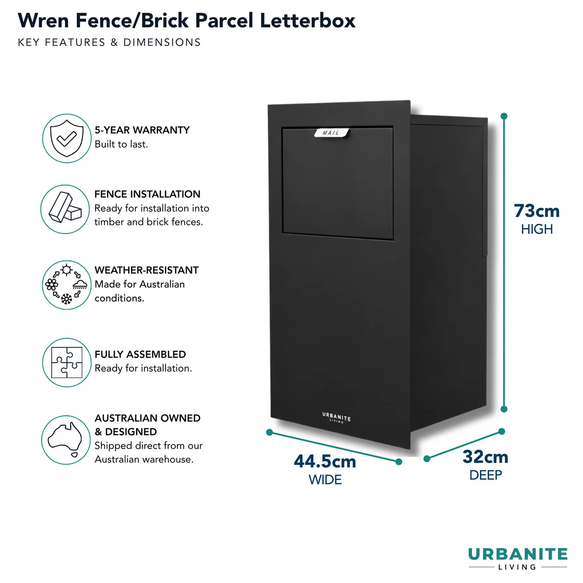 Urbanite Living dimensions for the Wren Fence/Brick Parcel Letterbox in black: 73 cm high, 44.5 cm wide, 32 cm deep, 5-year warranty.