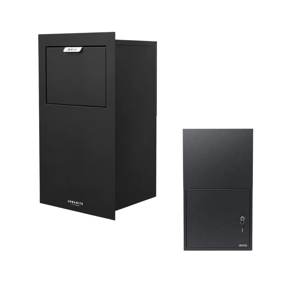 Urbanite Living Wren parcel letterbox in black, showing the front mail chute and rear key-lock door.