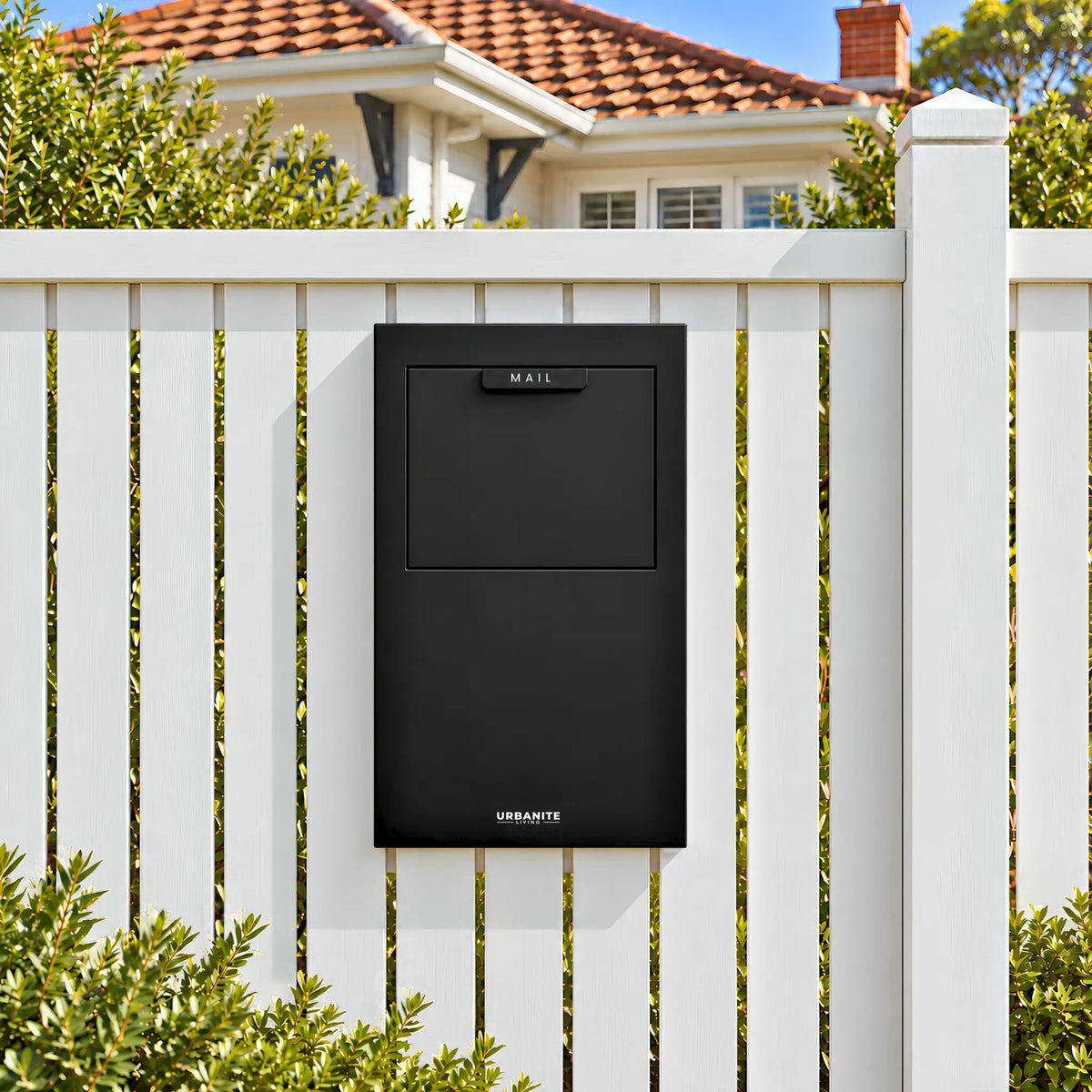 Urbanite Living Wren fence parcel letterbox in black, installed in a white timber fence in front of a home.