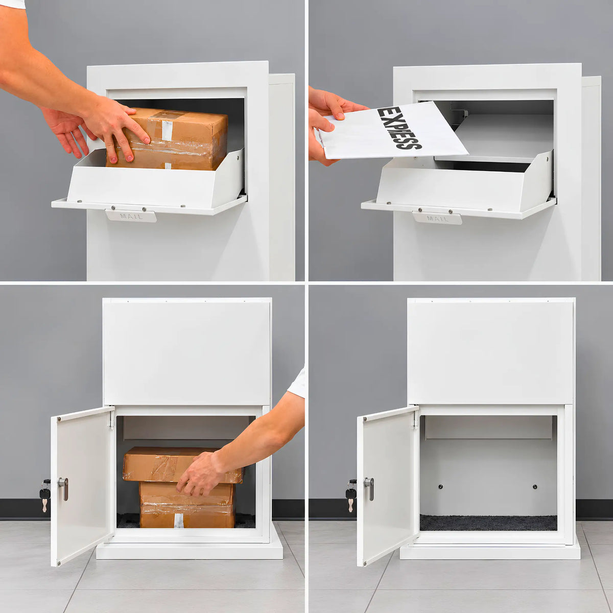 Urbanite Living Wren Fence Parcel Letterbox - the parcel box is placed on the studio floor - how to open and close images.