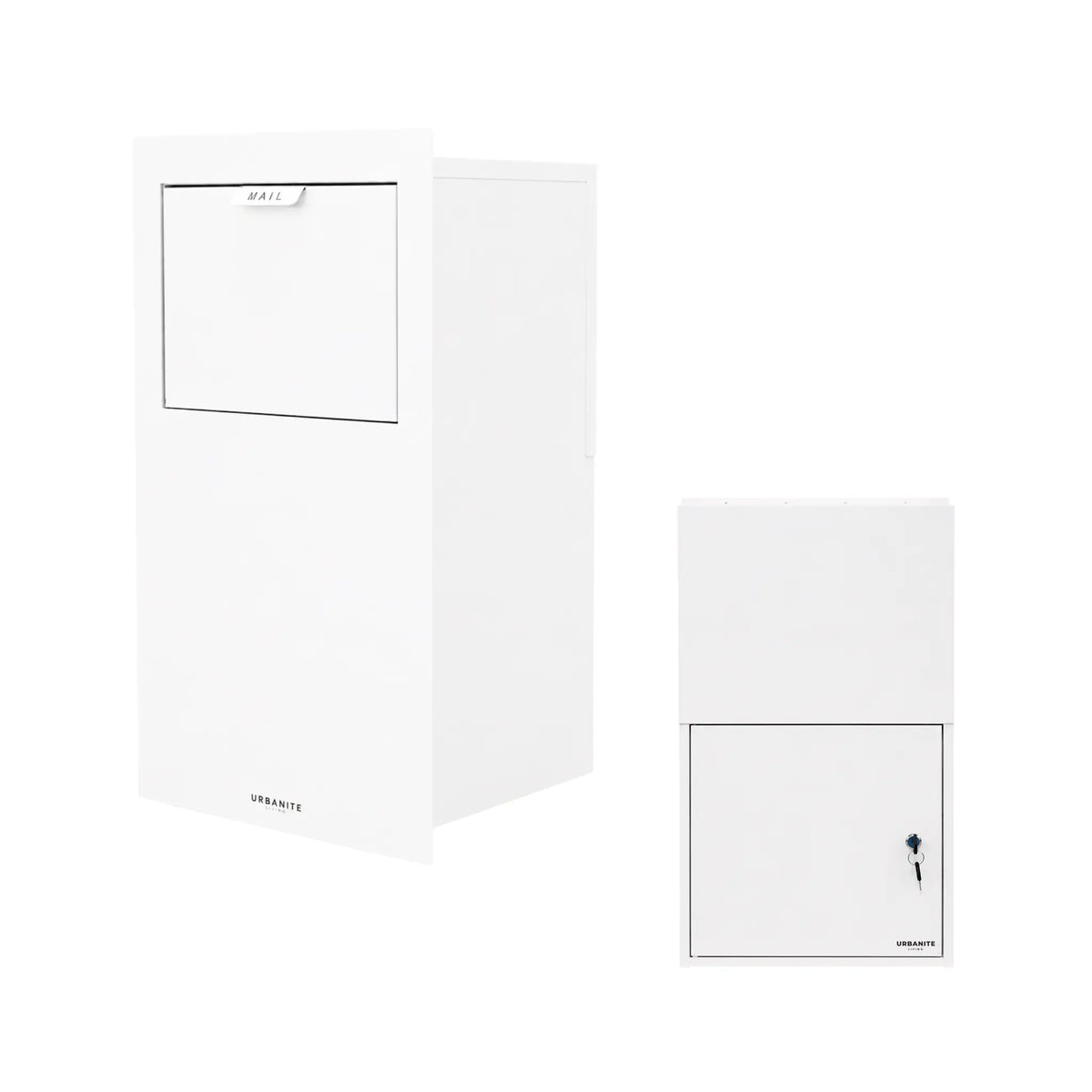 Urbanite Living Wren parcel letterbox in white, showing the front mail chute and rear key-lock door.