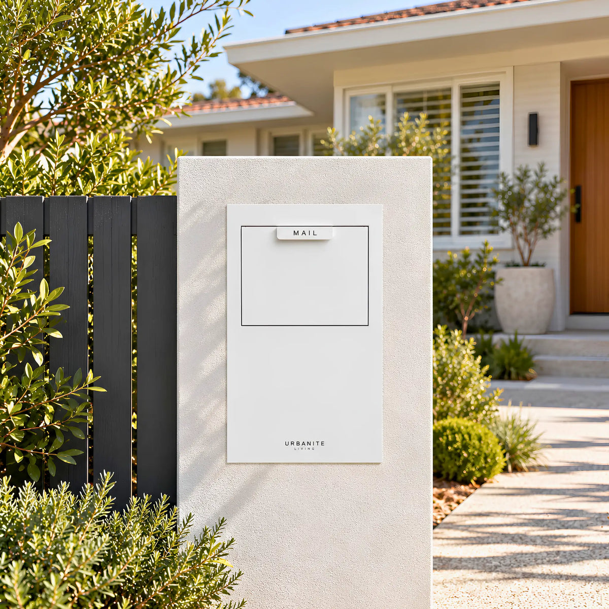 Urbanite Living Wren parcel letterbox in white, set into a white rendered pillar in a front garden.